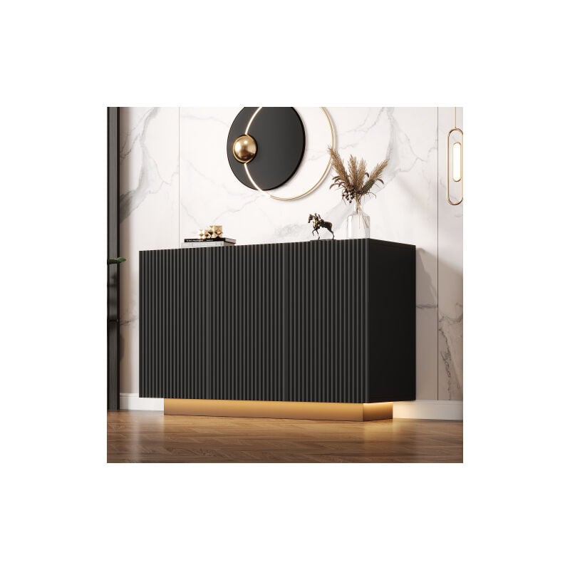 foto del prodotto wishdor credenza nera, credenza da 120 cm con illuminazione a led, piano in marmo, ante a righe verticali