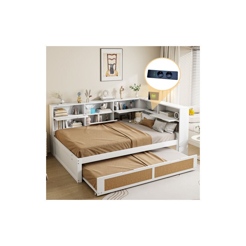 foto del prodotto wishdor divano letto 140x200cm con letto estraibile, vano contenitore, ripiano aperto, porta di ricarica, senza materasso, bianco