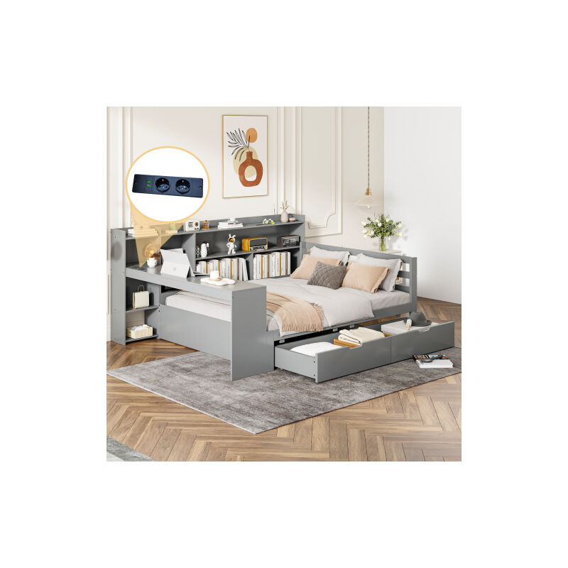 foto del prodotto wishdor divano letto in legno 140x200 cm con scrivania, libreria, cassetti, presa di corrente, senza materasso, grigio