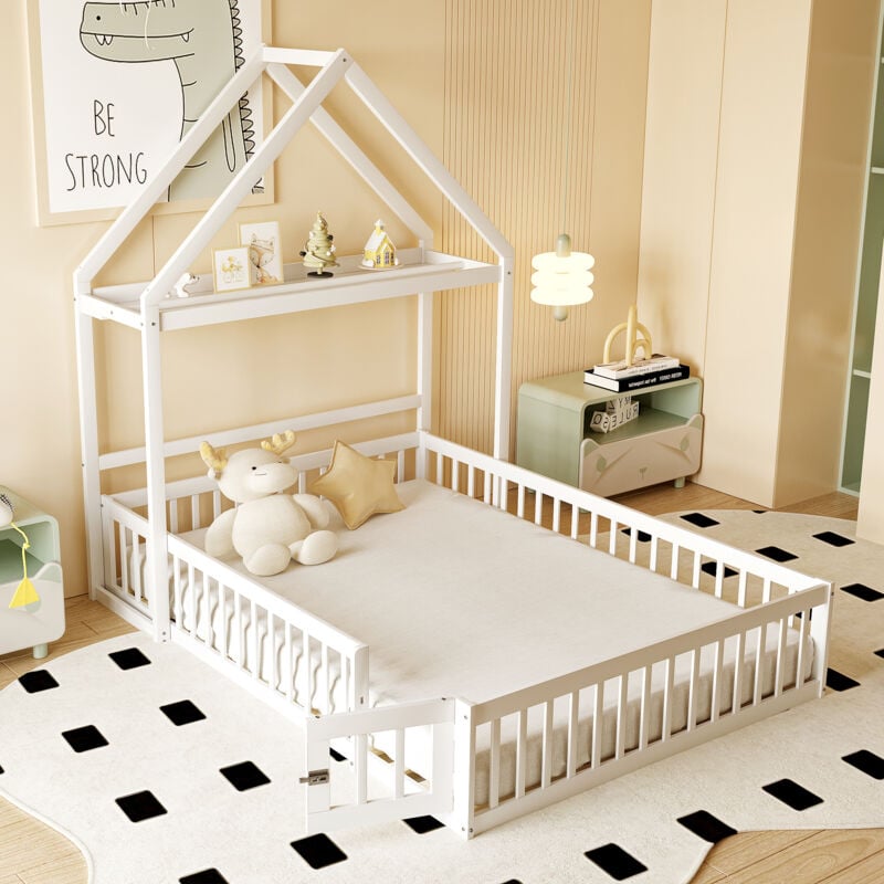 foto del prodotto wishdor letti a casetta 140x200 cm, letti a casetta a pavimento, letto per bambini con griglia, porta e rete a doghe, struttura letto in legno,