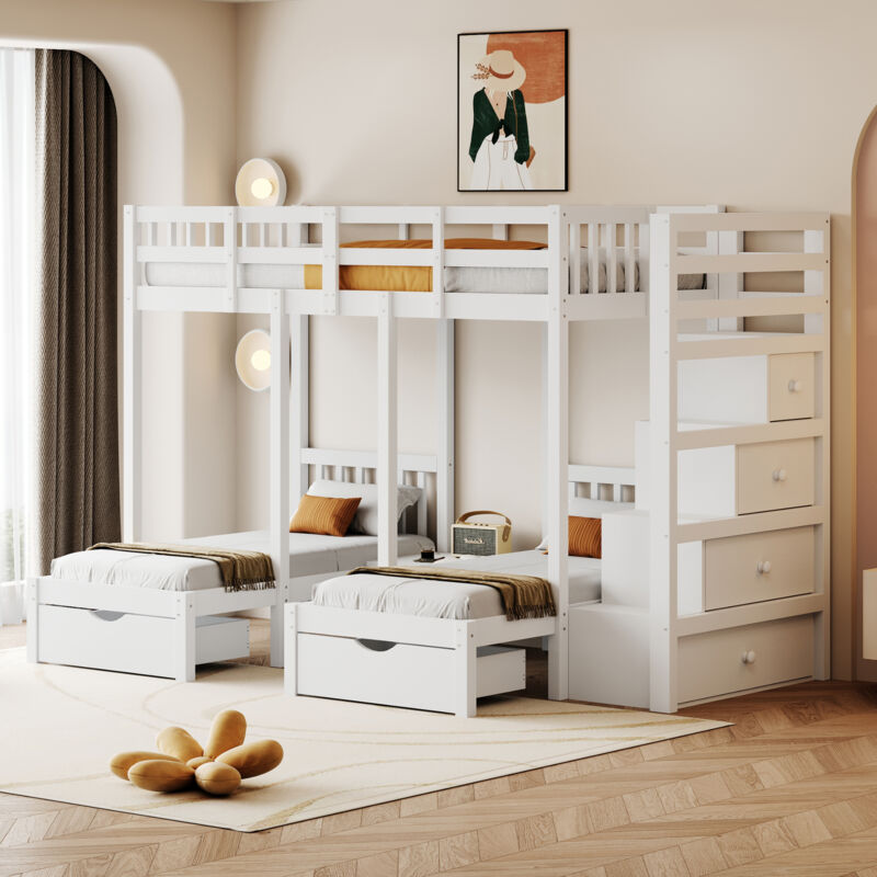 foto del prodotto wishdor letto a castello 3 posti letto, letto per bambini 90x200 cm con cassetti e scaletta di sicurezza, struttura letto in legno con comodino,