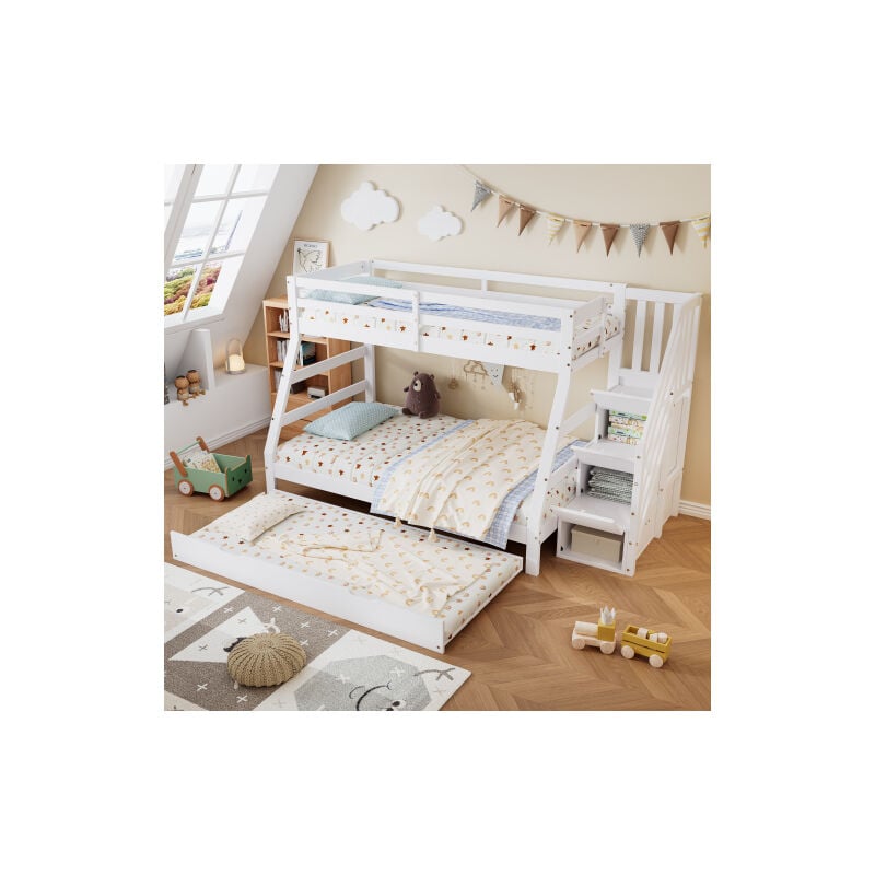 foto del prodotto wishdor letto a castello 90x200 cm e 120x200 cm con letto estraibile 90x190 cm, mobile con scala, recinzione, pino e mdf, bianco
