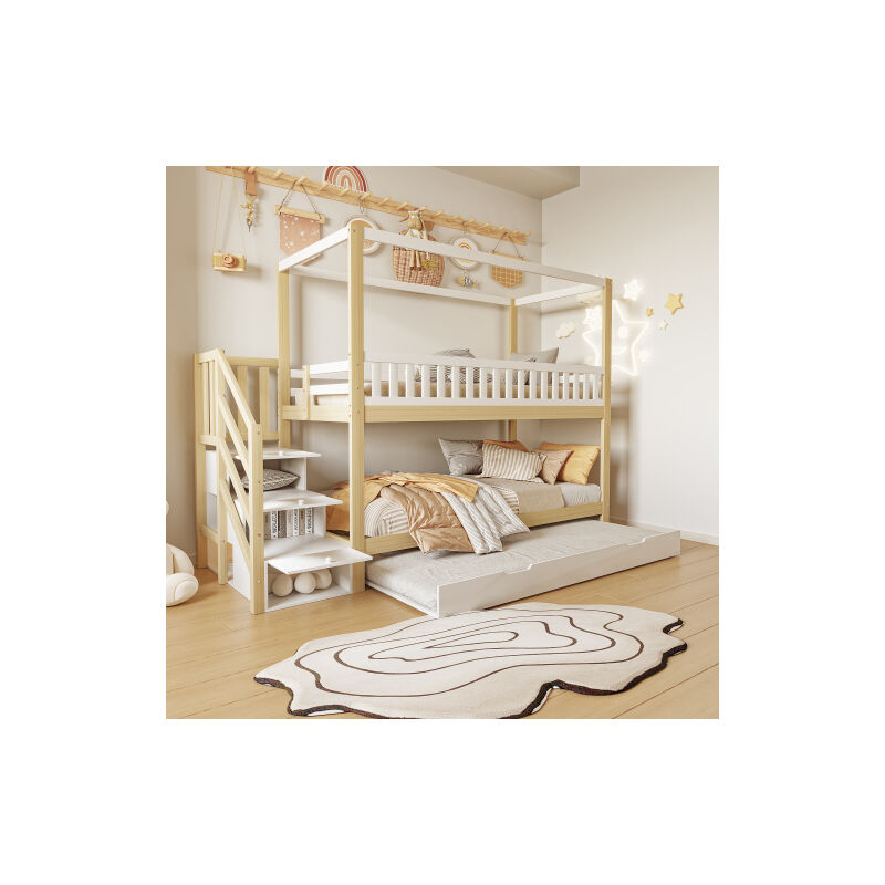 foto del prodotto wishdor letto a castello 90x200 cm, letto estraibile con scala contenitore, forma di casa, recinto, senza materasso, bianco e legno naturale