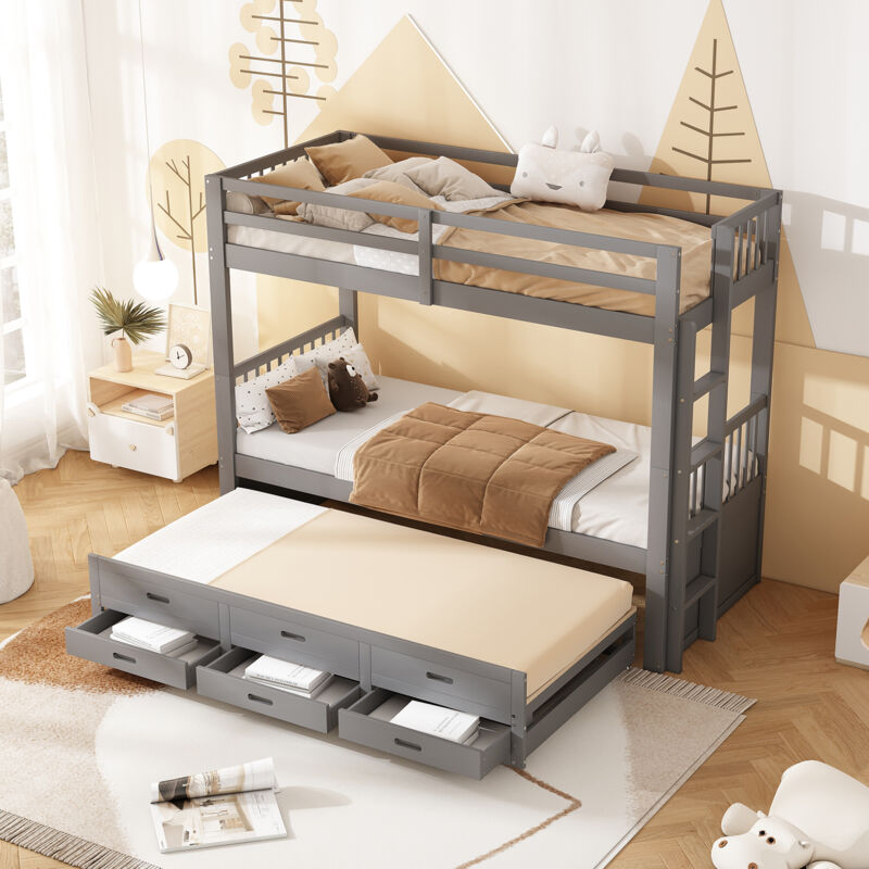 foto del prodotto wishdor letto a castello 90x200cm per bambini, letto a soppalco con struttura in pino e mdf, scaletta e letto estraibile e 3 cassetti, letto con