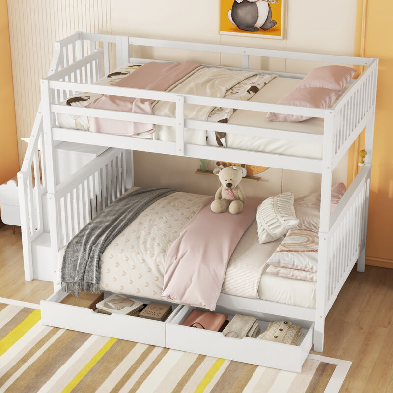 foto del prodotto wishdor letto a castello letto per bambini e ragazzi 140 x 200 cm con ripiano a scala, 2 cassetti, sponde alte, bianco