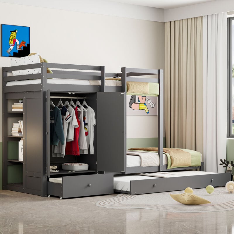 foto del prodotto wishdor letto a castello matrimoniale, letto per bambini 90x200 cm con letto estraibile, cassetti, scale di sicurezza e armadio, rete a doghe