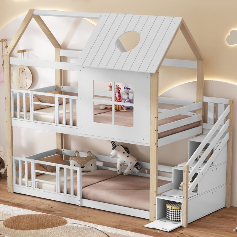 foto del prodotto wishdor letto a castello per bambini 90 x 200 cm con scaletta contenitore, griglia anticaduta, finestra e tetto, bianco e naturale