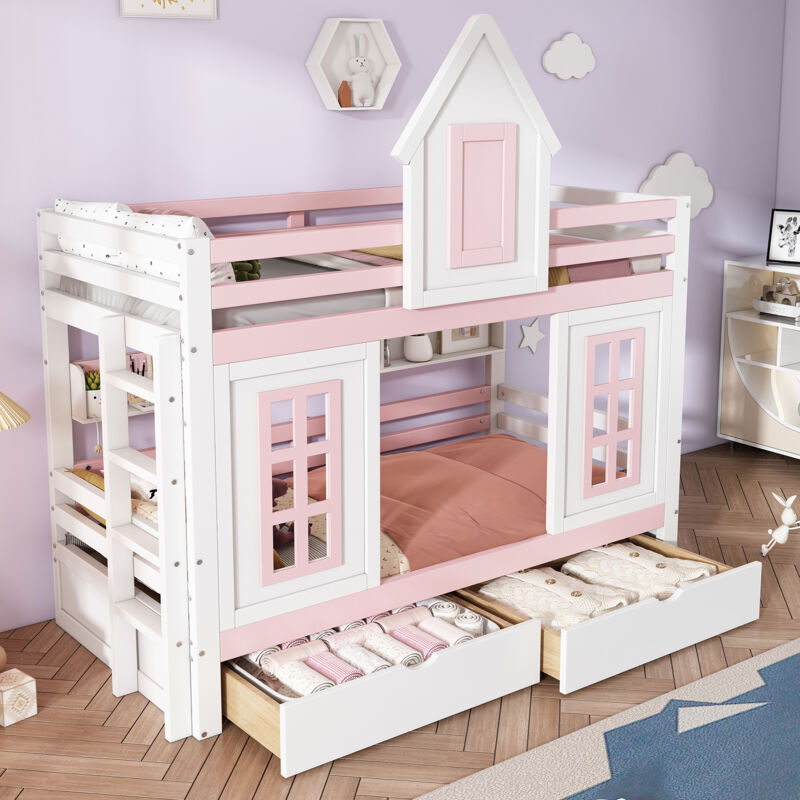 foto del prodotto wishdor letto a castello per bambini 90 x 200 cm con tetto e finestra, griglia anticaduta, spondina, 2 cassetti, ripiano, bianco e rosa