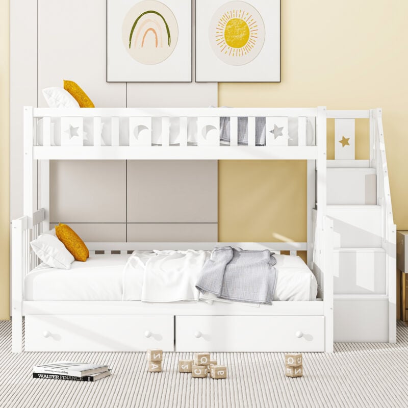 foto del prodotto wishdor letto a castello per bambini 90 x 200 cm e 140 x 200 cm con 2 cassetti grandi e rete a doghe, bianco