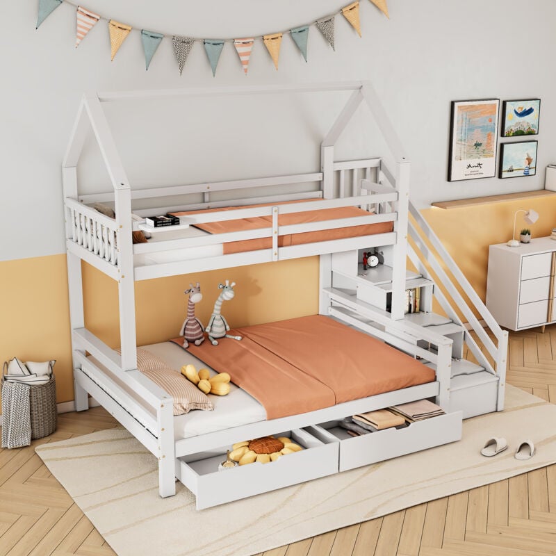 foto del prodotto wishdor letto a castello per bambini 90 x 200 cm e 140 x 200 cm con scaletta, cassetti e ripiano, bianco