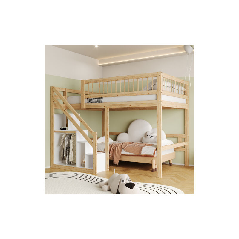foto del prodotto wishdor letto a soppalco 140x200cm, letto per bambini con mobile contenitore, sponde alte, struttura in legno massello, senza materasso, bianco e