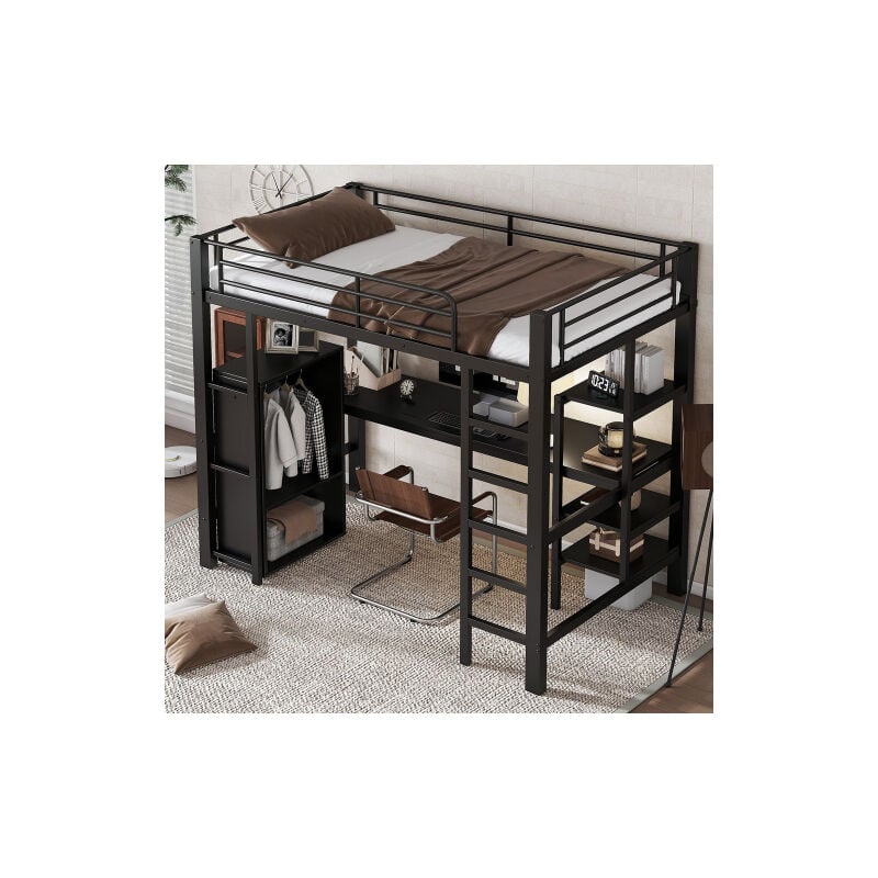 foto del prodotto wishdor letto a soppalco 90x200 cm con scrivania e armadio, ripiano portaoggetti, scaletta a 5 gradini, senza materasso, nero
