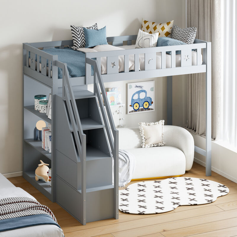 foto del prodotto wishdor letto a soppalco 90x200 cm, letto a soppalco per ragazzi con scaletta contenitore e ripiani, struttura letto in legno, grigio