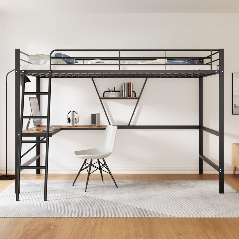 foto del prodotto wishdor letto a soppalco con scrivania a l, letto a soppalco per ragazzi 90x200 cm con ripiano, struttura in metallo, nero