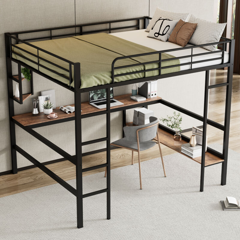 foto del prodotto wishdor letto a soppalco con scrivania, letto a soppalco 140x200 cm, letto a soppalco per ragazzi con 4 ripiani e libreria, struttura letto in