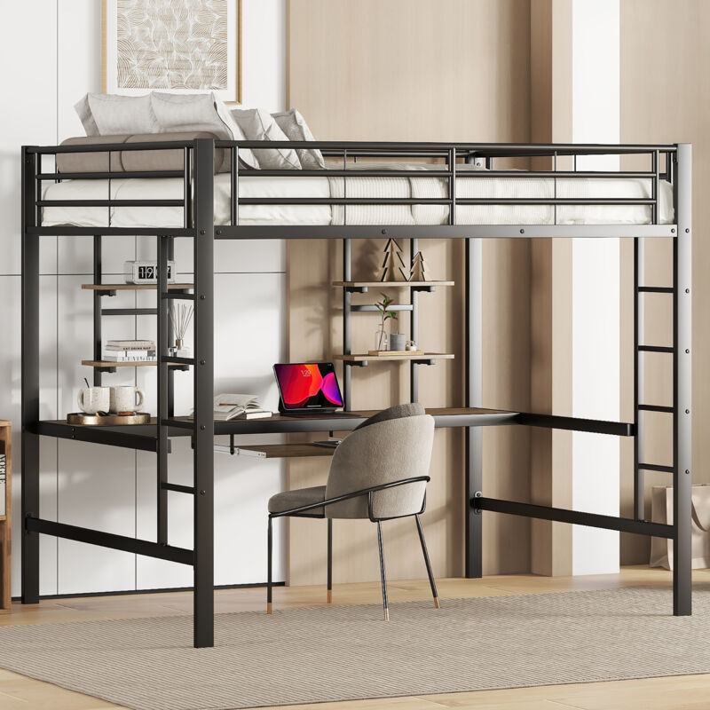 foto del prodotto wishdor letto a soppalco con scrivania, letto a soppalco 140x200 cm per adolescenti con contenitore, letto a soppalco per adulti, struttura letto