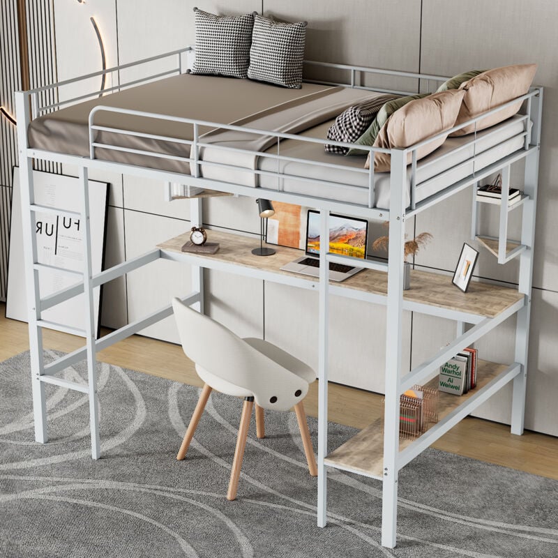foto del prodotto wishdor letto a soppalco con scrivania, letto a soppalco 90x200 cm, letto a soppalco per ragazzi con 4 ripiani e libreria, struttura letto in