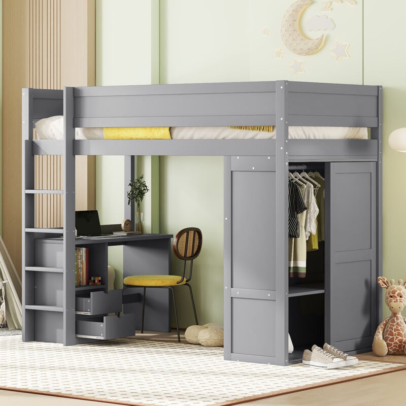 foto del prodotto wishdor letto a soppalco con scrivania, letto a soppalco per bambini 90x200 cm con armadio e cassetti, struttura letto in legno, grigio
