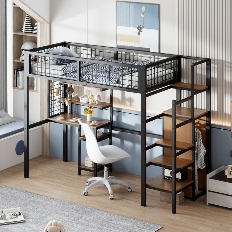 foto del prodotto wishdor letto a soppalco con scrivania, letto a soppalco per bambini 90x200 cm con armadio, struttura letto in ferro, nero