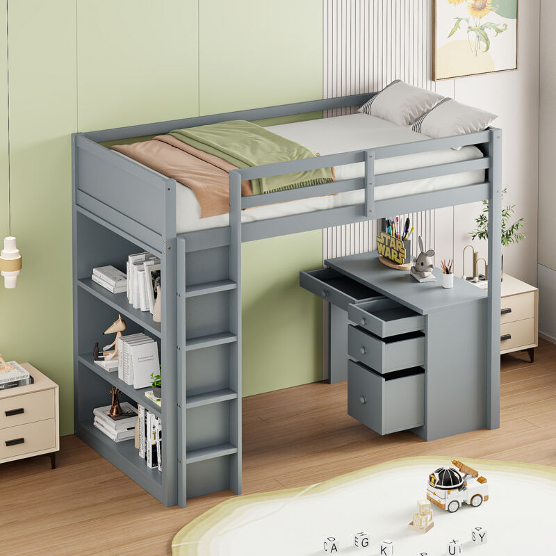 foto del prodotto wishdor letto a soppalco con scrivania, letto a soppalco per bambini 90x200 cm con contenitore, struttura letto in legno, grigio