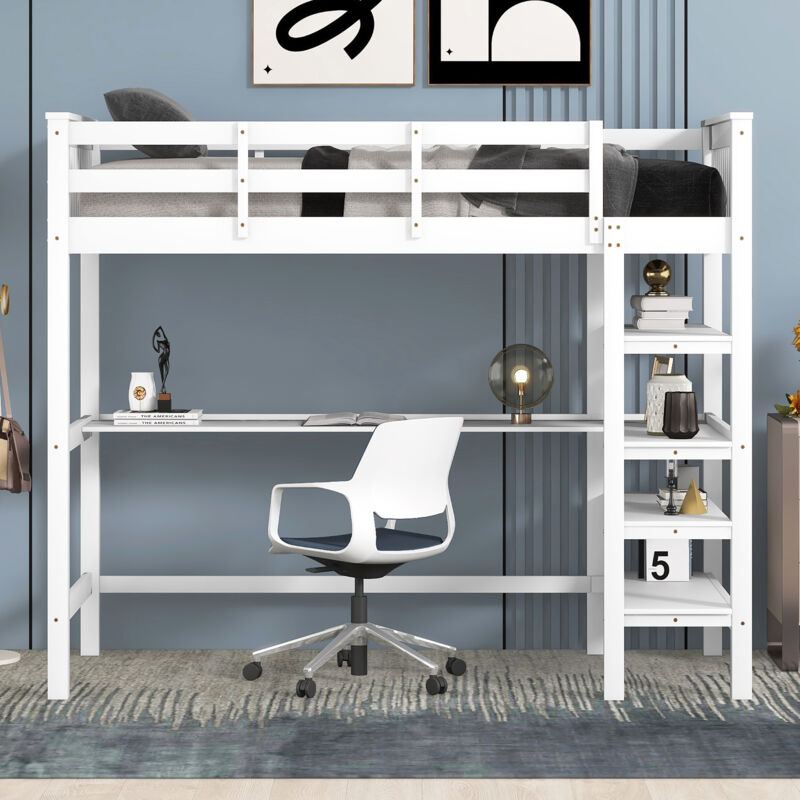 foto del prodotto wishdor letto a soppalco con scrivania, letto a soppalco per bambini 90x200 cm con contenitore, struttura letto in pino, bianco