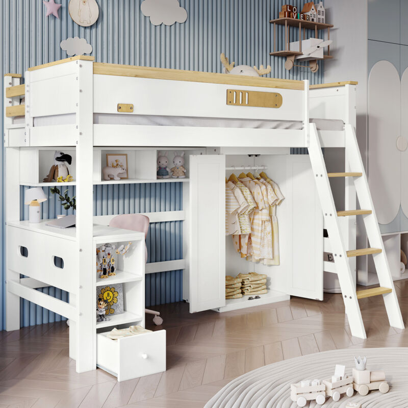 foto del prodotto wishdor letto a soppalco con scrivania, letto a soppalco per bambini 90x200 cm con griglia anticaduta, armadio, ripiano aperto, scaletta, bianco e
