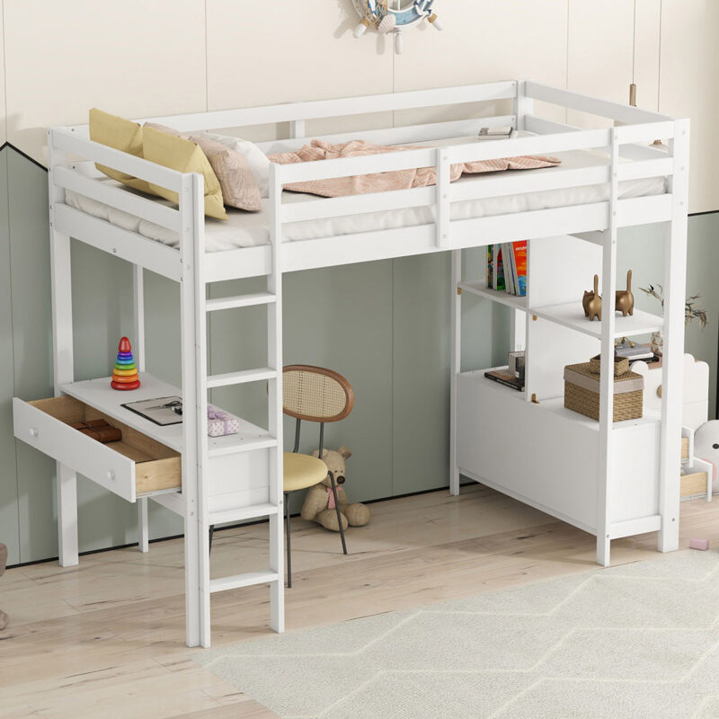 foto del prodotto wishdor letto a soppalco con scrivania, letto a soppalco per bambini 90x200 cm con ripiani e cassetti, struttura letto in pino, bianco