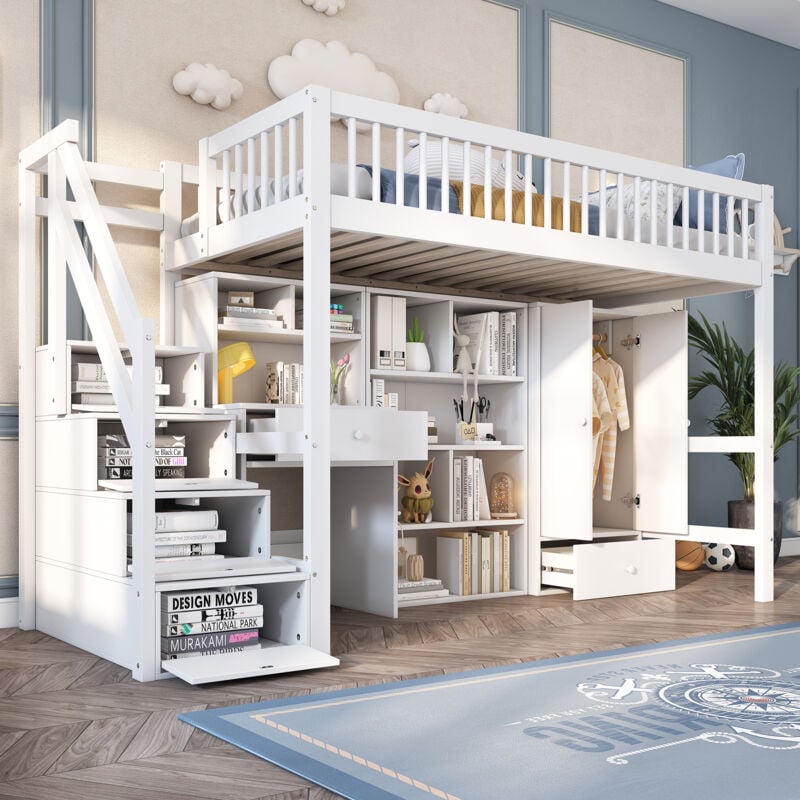 foto del prodotto wishdor letto a soppalco con scrivania, letto a soppalco per bambini 90x200 cm con scale, armadio, struttura letto in legno, bianco