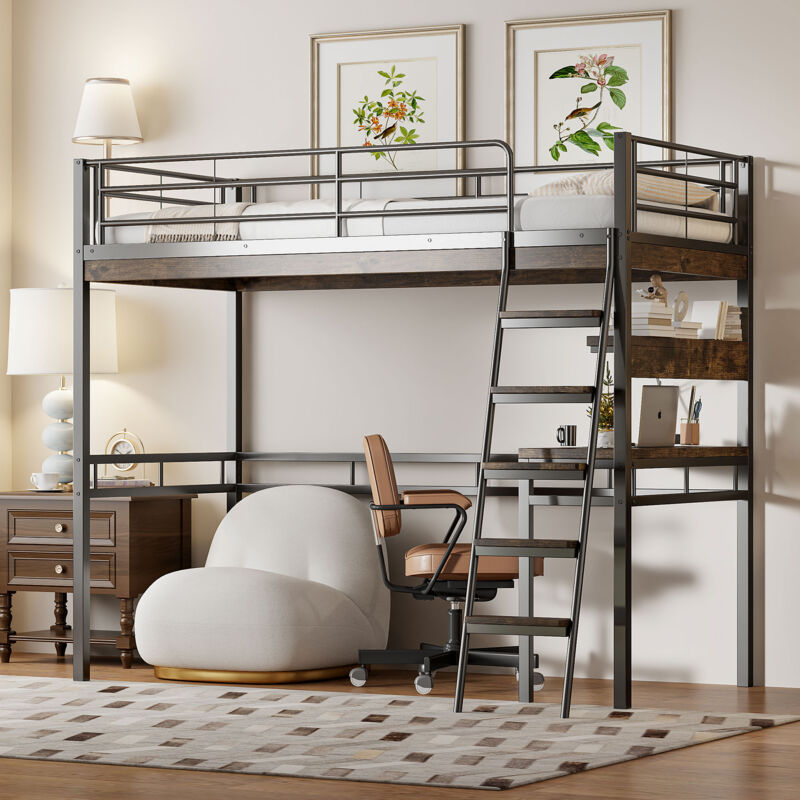foto del prodotto wishdor letto a soppalco con scrivania, letto a soppalco per bambini, letto a soppalco per ragazzi 90x200 cm con ripiani, balaustra, scala,