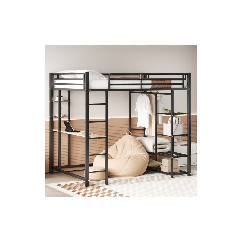 foto del prodotto wishdor letto a soppalco per bambini, letto a soppalco 140x200 cm con scrivania, scaletta, struttura letto in metallo con ripiani portaoggetti, nero