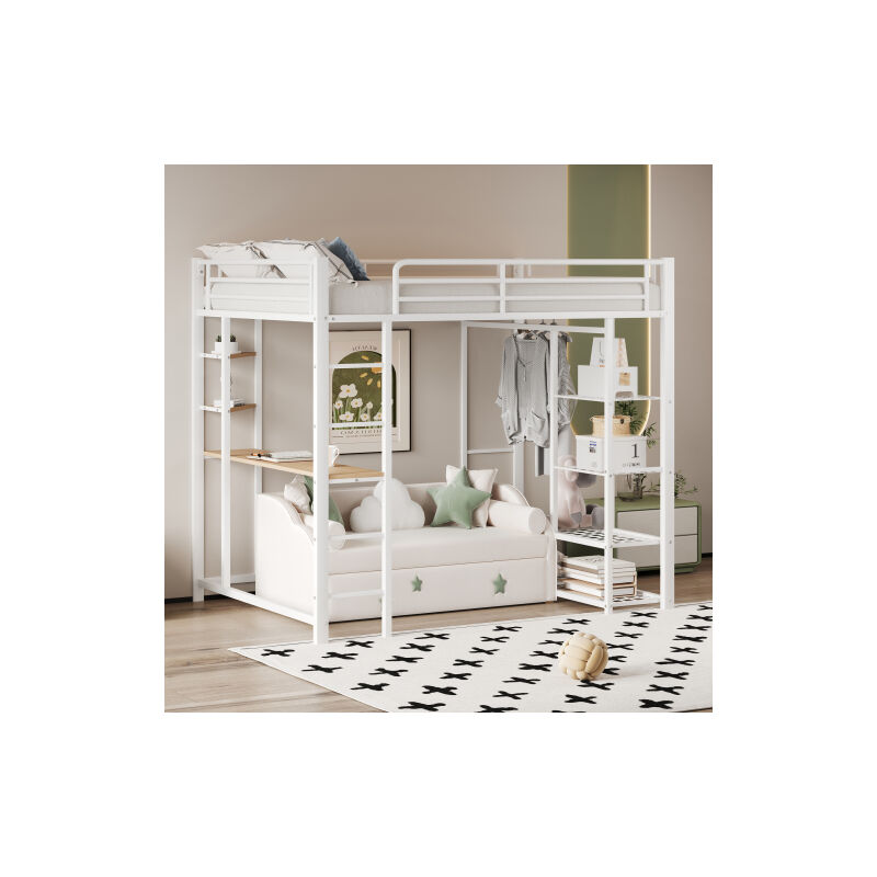 foto del prodotto wishdor letto a soppalco per bambini, letto a soppalco 90x200 cm con scrivania, scaletta, struttura letto in metallo con ripiani portaoggetti,