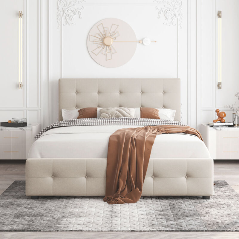 foto del prodotto wishdor letto con cassetti letto imbottito 140 x 200 cm con 4 cassetti. caso. velluto. beige. senza materasso