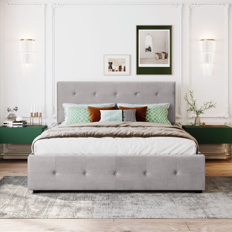 foto del prodotto wishdor - letto con cassetti letto imbottito 140 x 200 cm con 4 cassetti. caso. velluto. grigio. senza materasso