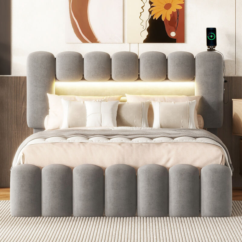 foto del prodotto wishdor letto con cassetti letto matrimoniale per adulti 140 x 200 con 4 cassetti. led con usb e stereo. in pelle grigia