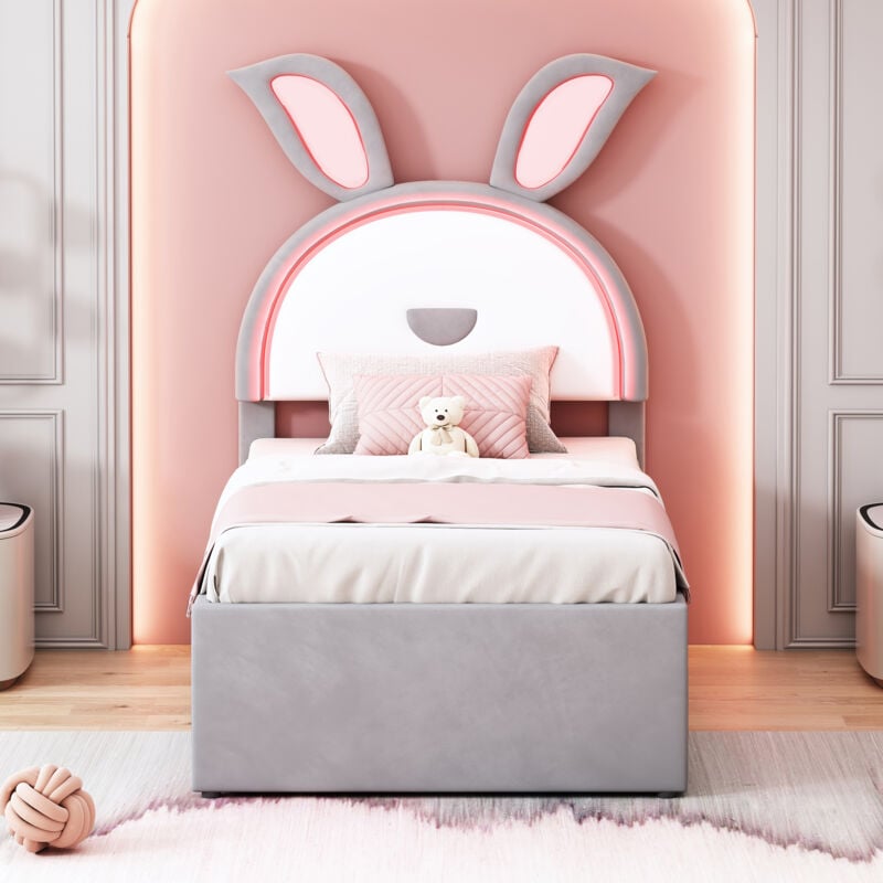 foto del prodotto wishdor letto con cassetti letto singolo per bambini 90 x 200 cm con letto estraibile, cassetti e luce led, grigio