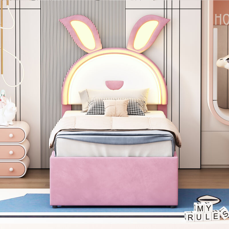 foto del prodotto wishdor letto con cassetti letto singolo per bambini 90 x 200 cm con letto estraibile, cassetti e luce led, rosa