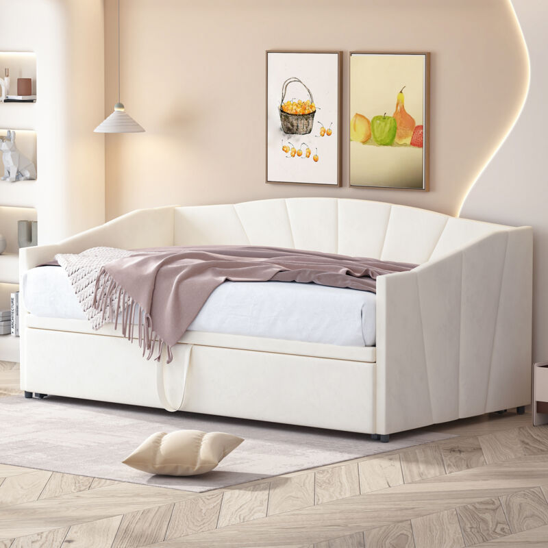 foto del prodotto wishdor letto estraibile 90 180x200 cm con rete a doghe. letto multifunzionale in tessuto velluto beige