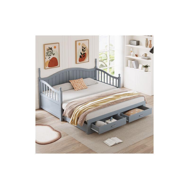 foto del prodotto wishdor - letto estraibile 90x190 cm e 180x190 cm con colonne, schienale e braccioli curvi, cassetti e rete a doghe, senza materasso, grigio