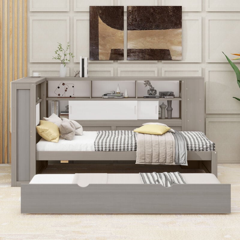 foto del prodotto wishdor - letto estraibile per bambini 90 x 200 cm con vano contenitore e usb, grigio