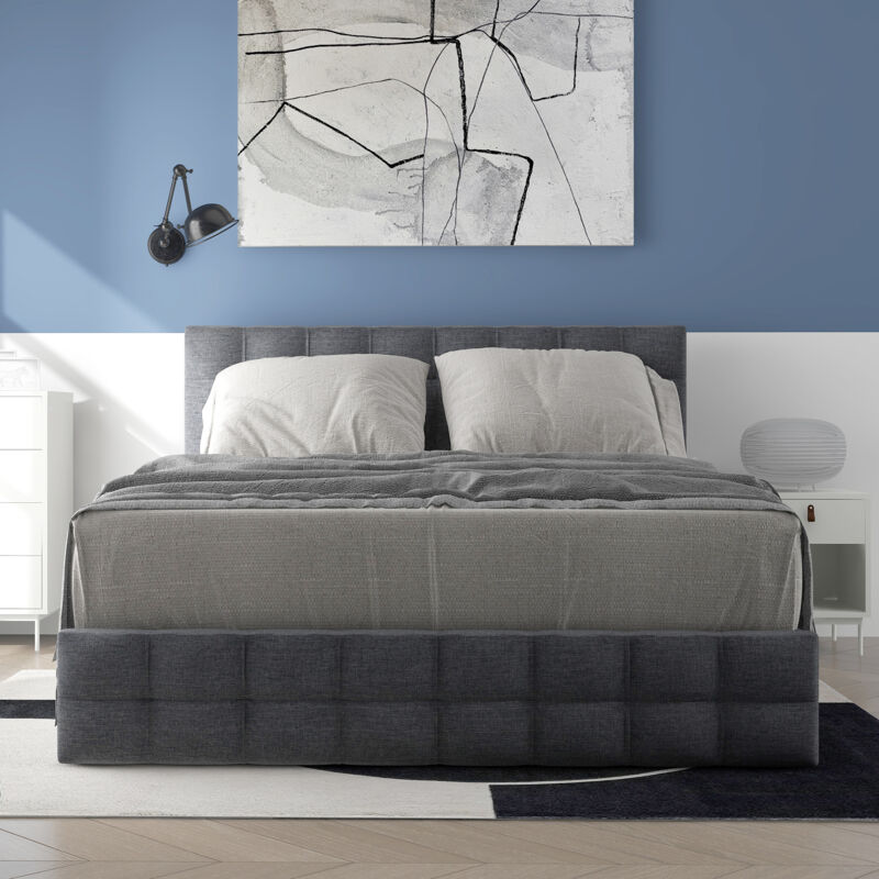 foto del prodotto wishdor letto matrimoniale imbottito 140 x 200 cm. 4 cassetti. supporto metallico. lino grigio. senza materasso