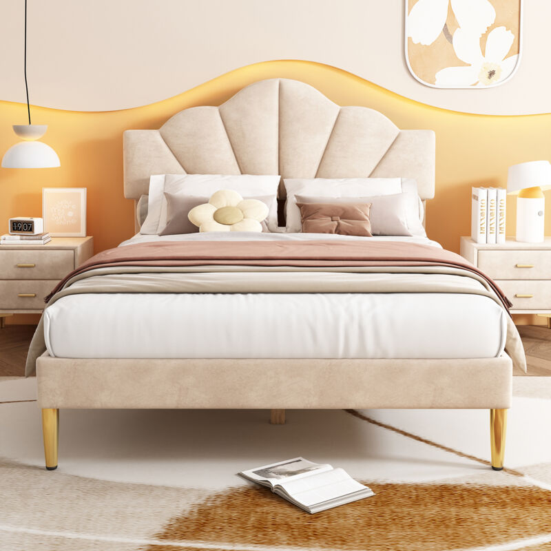 foto del prodotto wishdor letto matrimoniale imbottito per adulti 140 x 190 cm a forma di conchiglia. beige