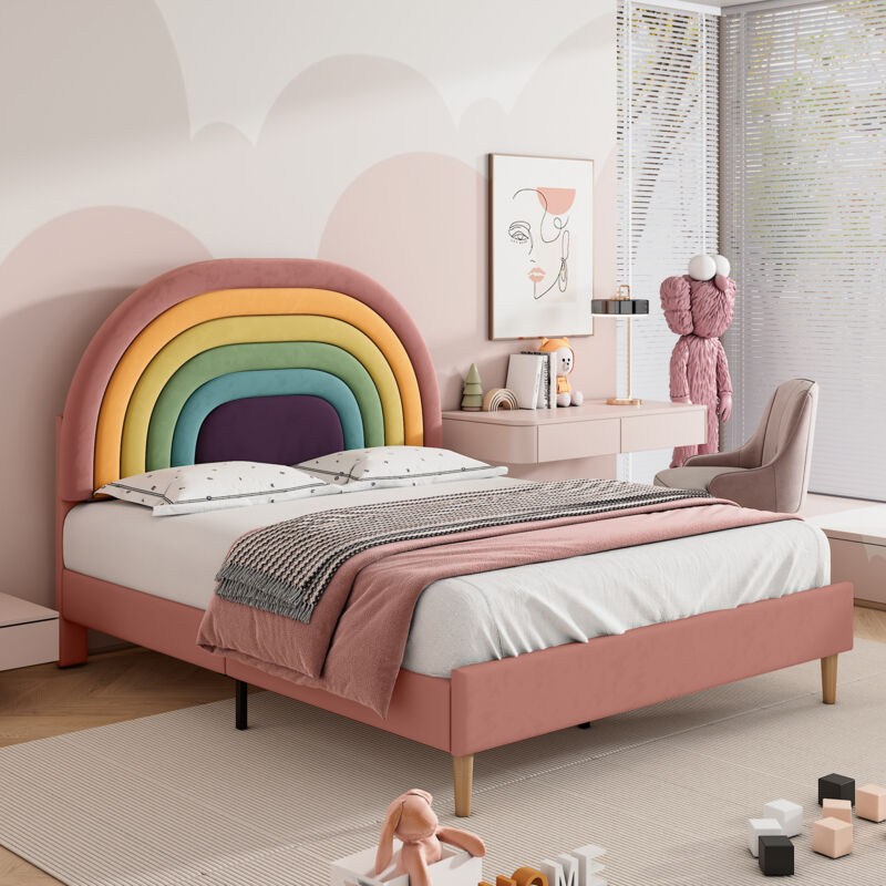foto del prodotto wishdor letto matrimoniale imbottito per adulti, 140 x 200 cm, con testiera arcobaleno regolabile, rosa