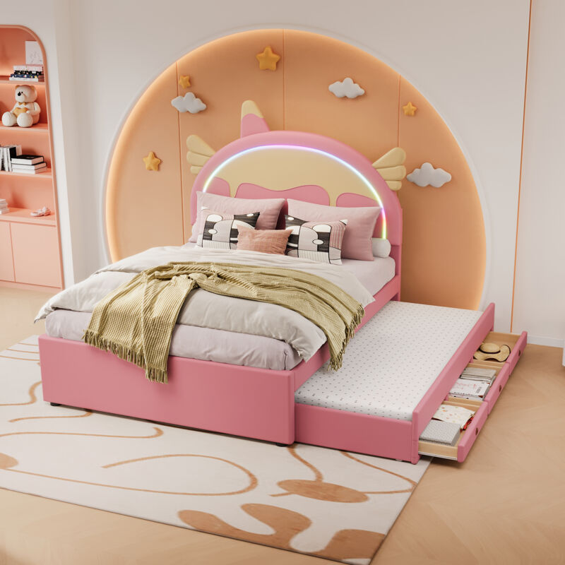 foto del prodotto wishdor letto matrimoniale per bambini cartoon unicorn 140 x 200 cm con letto estraibile, rosa
