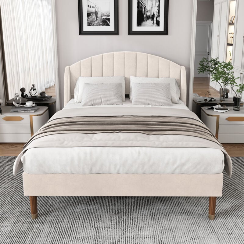 foto del prodotto wishdor letto per adulti 140x190 cm, letto per ragazzi, letto imbottito beige con gambe in legno, in velluto, senza materasso
