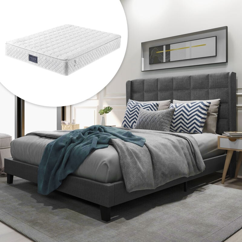 foto del prodotto wishdor letto per adulti 140x200 cm, letto matrimoniale imbottito con rete a doghe, letto per ragazzi in lino, blu, materasso incluso