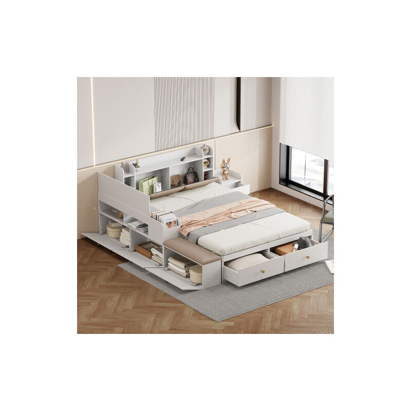 foto del prodotto wishdor letto per adulti 140x200cm, struttura letto con testiera, vano contenitore integrato, cassetto, comodino, pouf, senza materasso, bianco