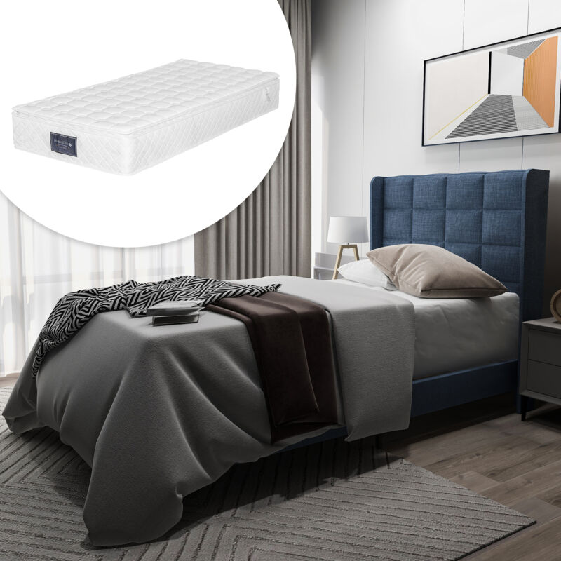 foto del prodotto wishdor letto per adulti 90x200 cm, letto singolo imbottito con rete a doghe, letto per ragazzi in lino, blu, materasso incluso