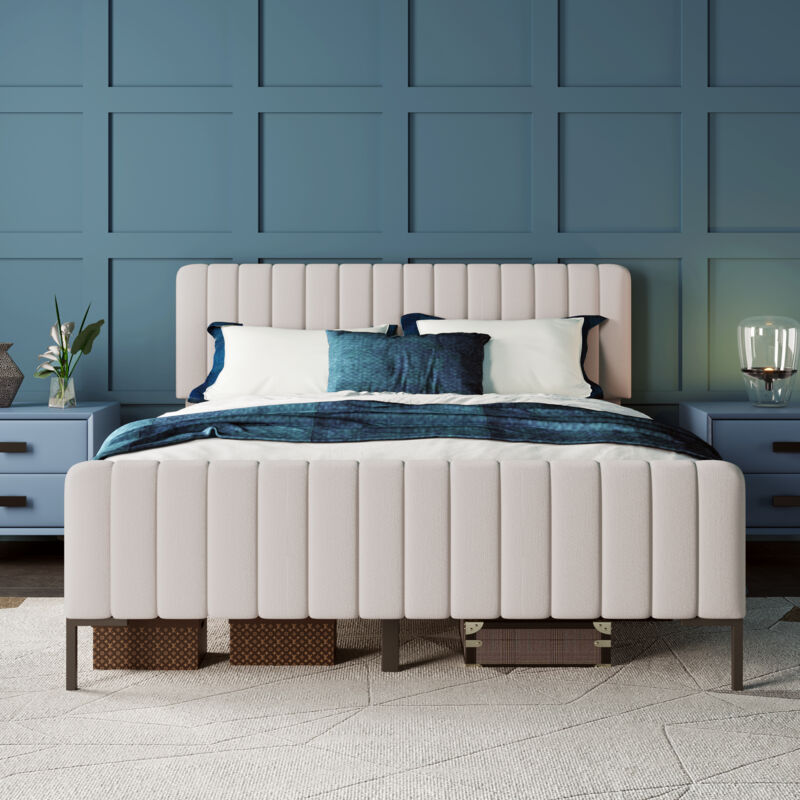 foto del prodotto wishdor letto per adulti letto matrimoniale imbottito 160 x 200 cm, struttura letto con testiera regolabile, lino, grigio e beige