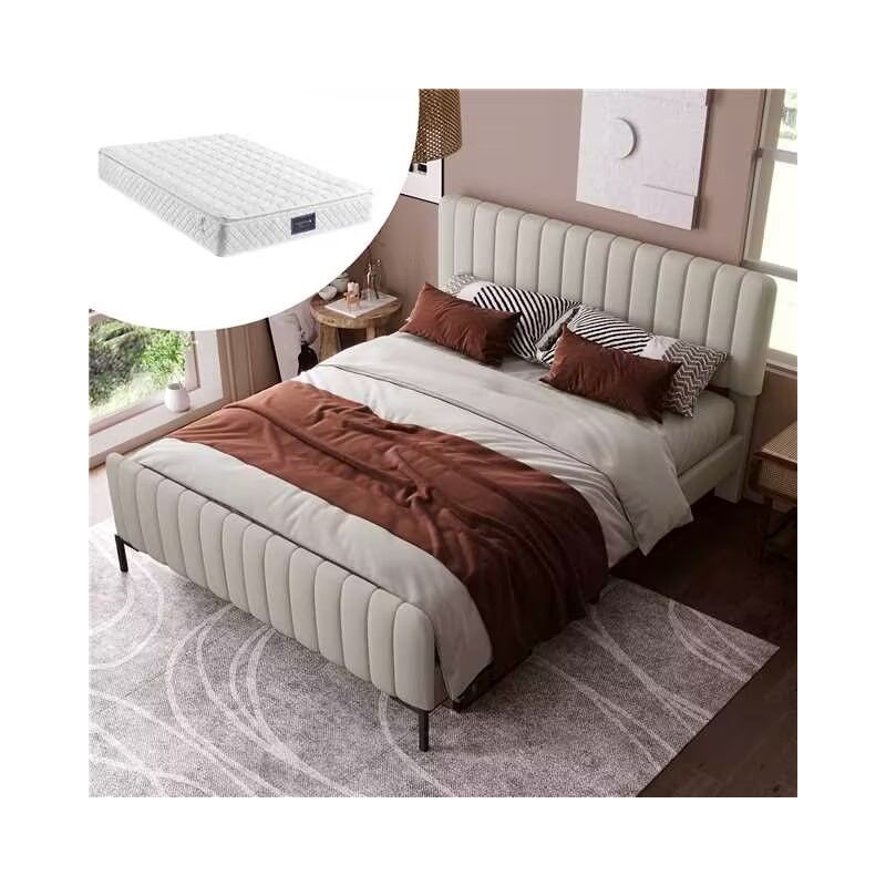 foto del prodotto wishdor letto per adulti letto matrimoniale imbottito per ragazzi 140 x 200 cm con rete a doghe e testiera regolabile, grigio e beige, materasso