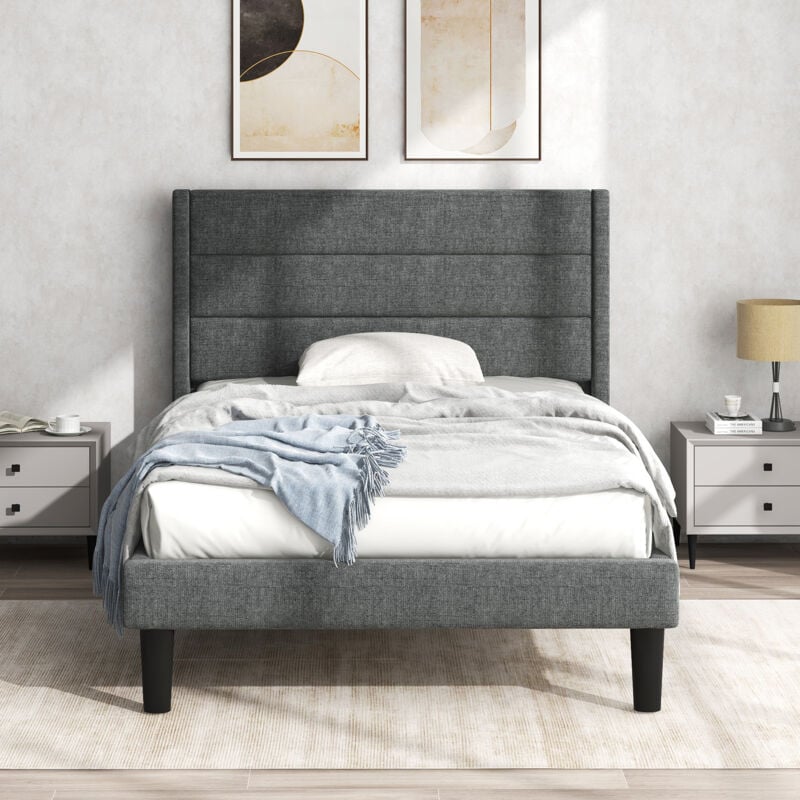 foto del prodotto wishdor letto per adulti letto singolo imbottito per ragazzi 90 x 200 cm con rete a doghe e testiera, rivestimento in tessuto di lino grigio, senza